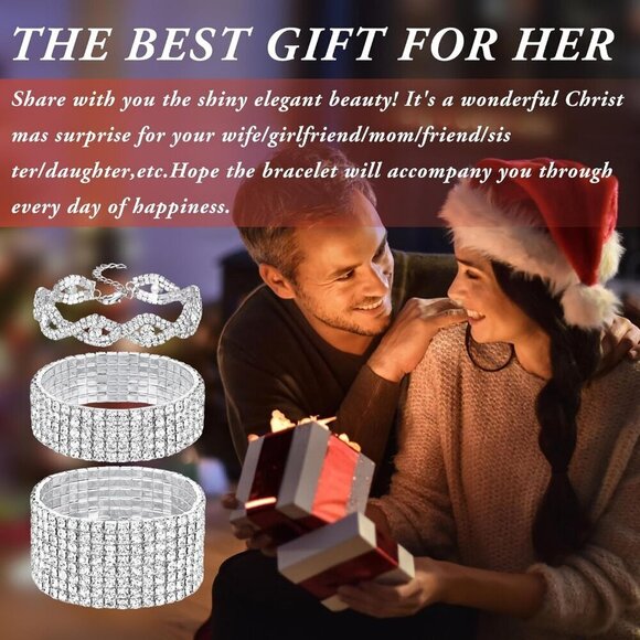 ✨ Fibo Steel Stretch Bracelets Women Silver Rhinestone Sparkly Tennis Jewelry - Picture 6 of 6